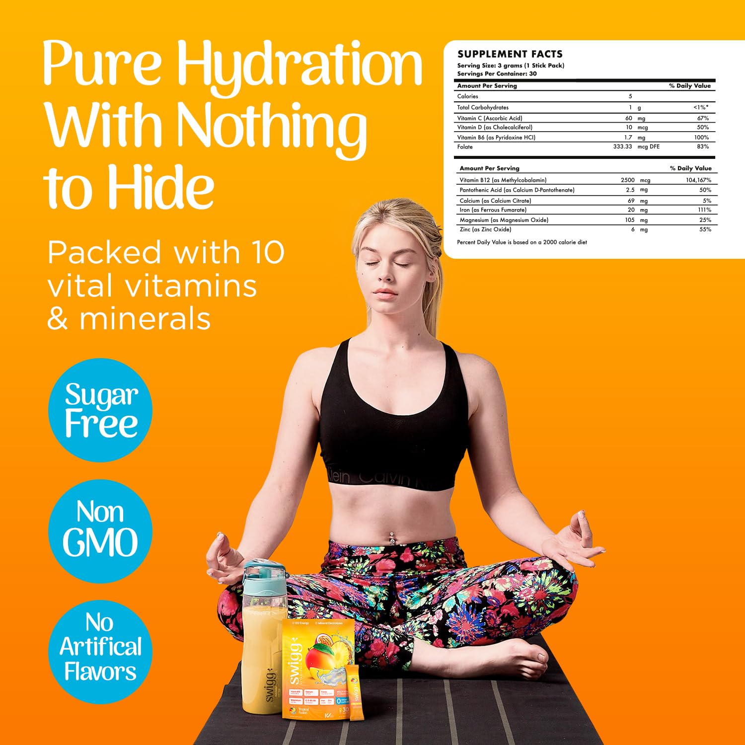 Swigg tropical fusion electrolyte glass shows flavorful hydration and vitamin support