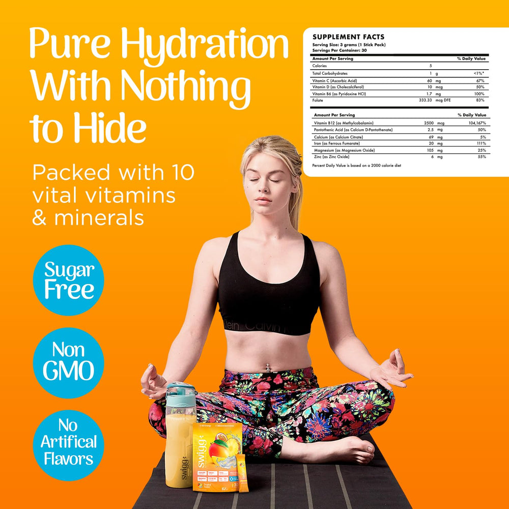 Swigg tropical fusion electrolyte glass shows flavorful hydration and vitamin support