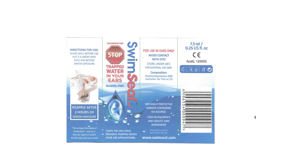 SwimSeal bottle being squeezed to apply 2-3 drops before water exposure.