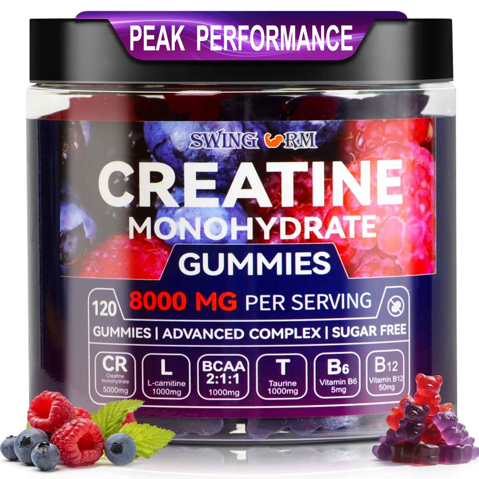 Swing Arm Creatine Monohydrate Gummies bottle for convenient pre-workout support.