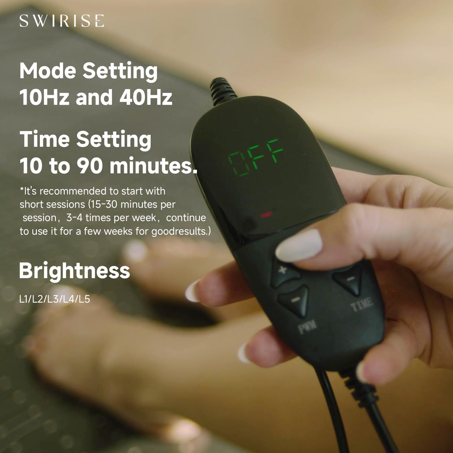 SWIRISE adjustable timer interface enabling 10-90 minute sessions.