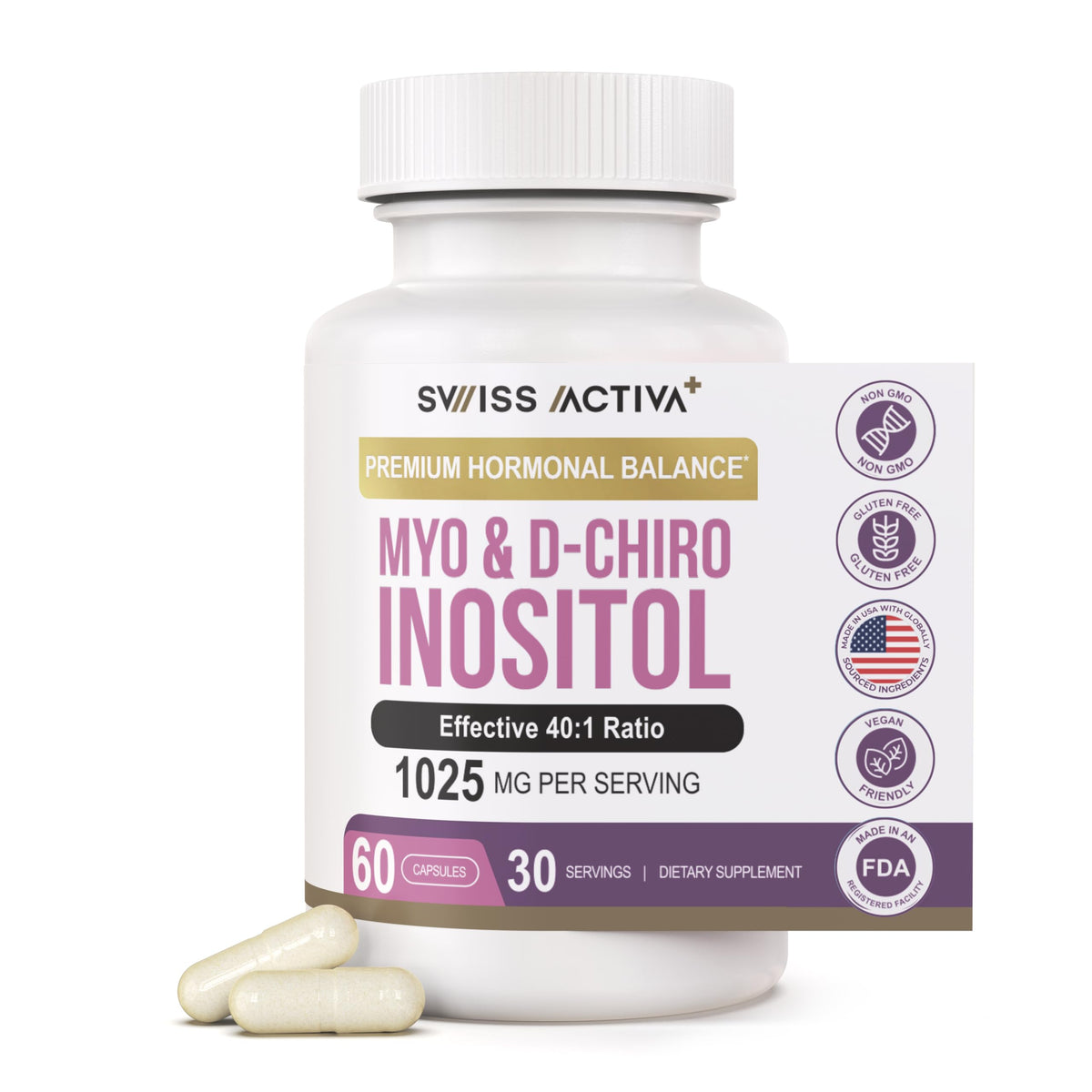 Swiss Activa+ Myo-Inositol bottle shows hormonal balance support for daily wellness.