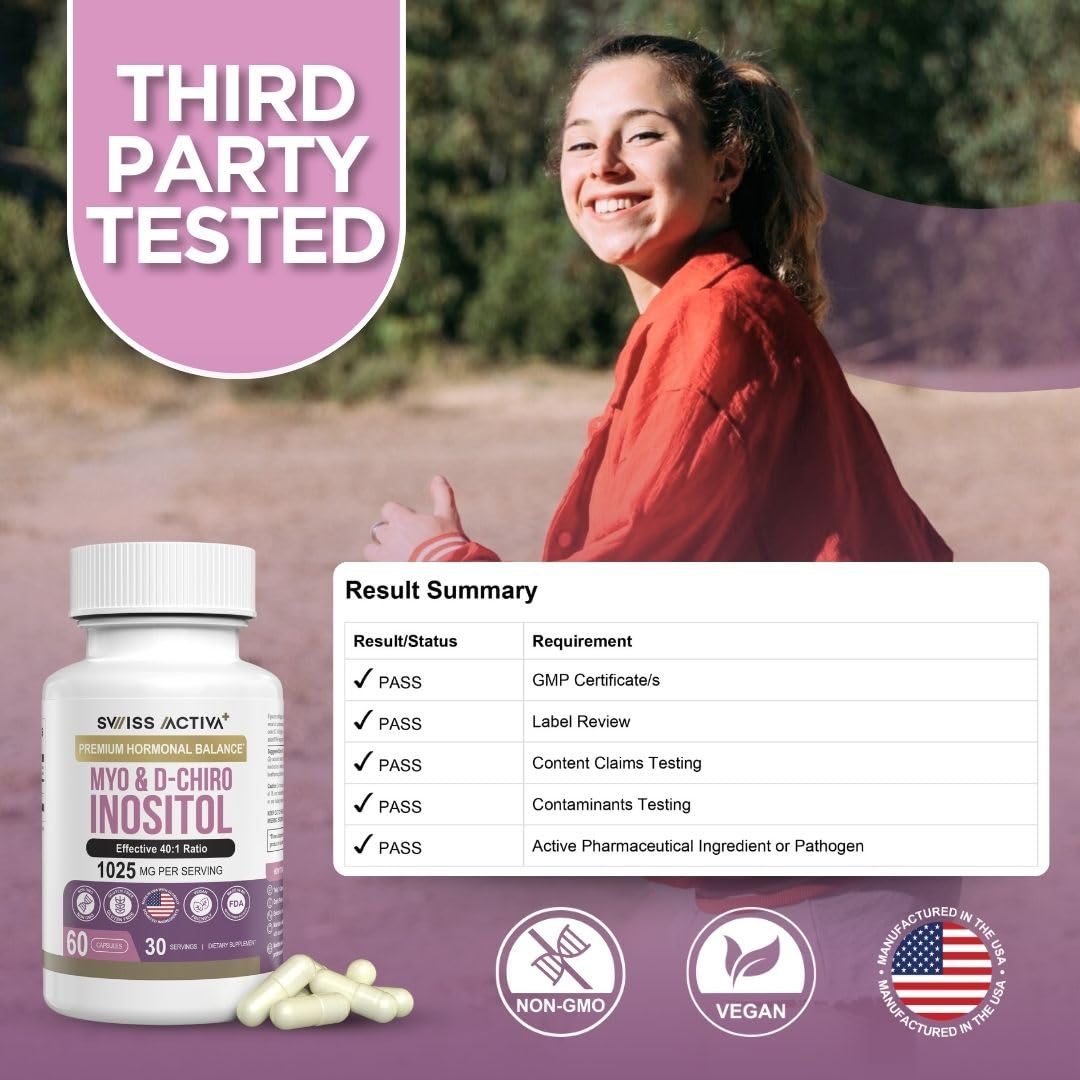 Swiss Activa+ Myo-Inositol bottle on nightstand suggests routine cycle support.