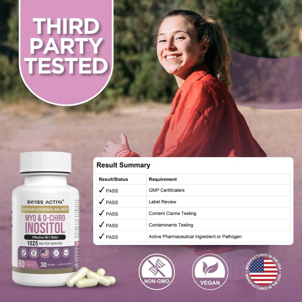 Swiss Activa+ Myo-Inositol bottle on nightstand suggests routine cycle support.