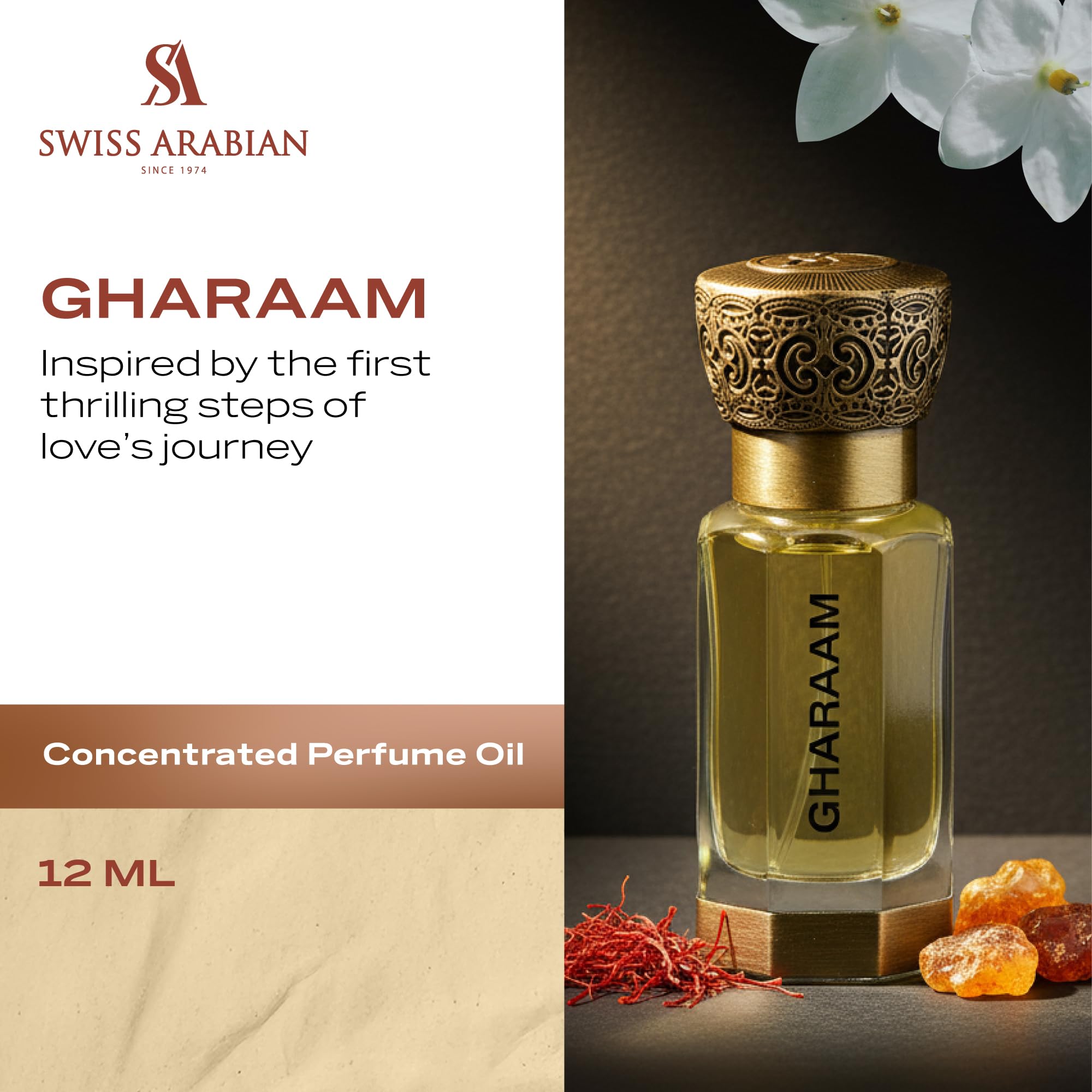 Swiss Arabian Gharaam amber musk blend emphasizes unisex daily wear.