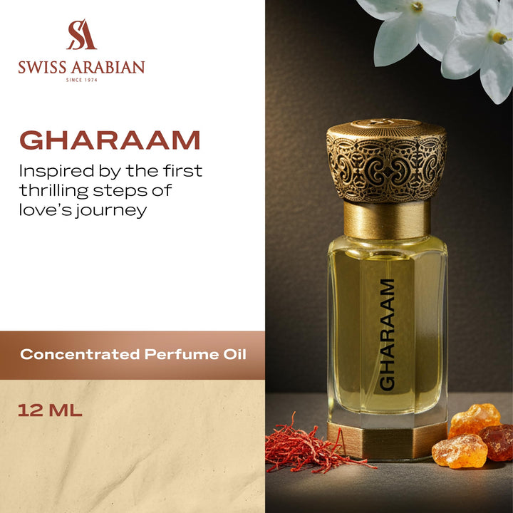 Swiss Arabian Gharaam amber musk blend emphasizes unisex daily wear.