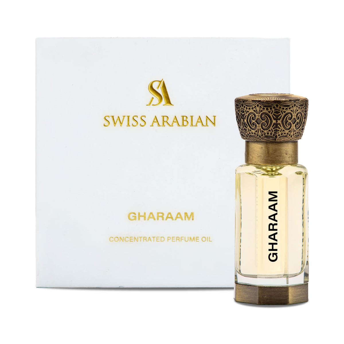 Swiss Arabian Gharaam bottle pouring scene showing long-lasting fragrance.