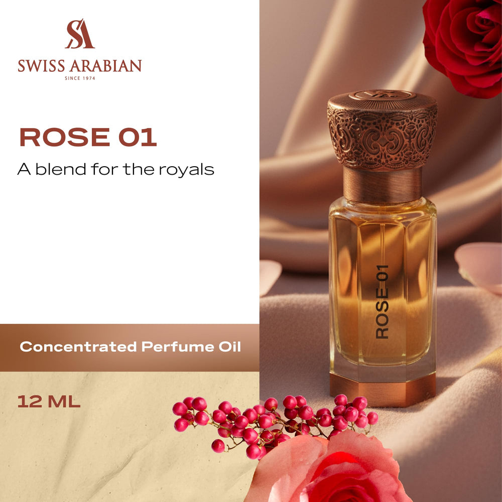 Swiss Arabian Rose 01 bottle with lychee and bergamot notes inviting fresh floral moments.