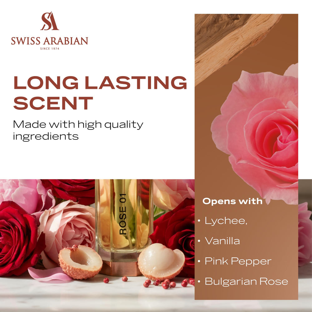 Swiss Arabian Rose 01 vanilla and musk base delivering a warm, lasting finish.