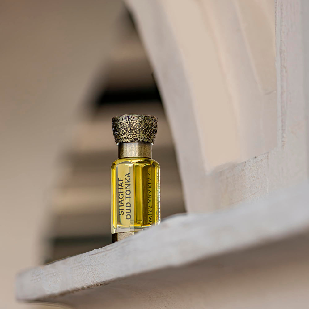 Swiss Arabian Shaghaf Oud Tonka base with tonka and vanilla deepens sweetness.