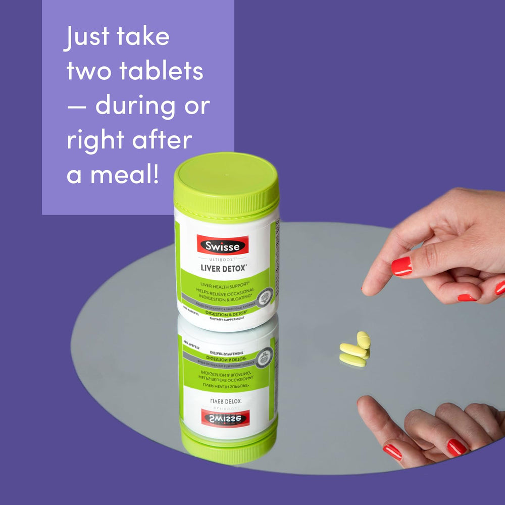 Swisse Milk Thistle, Turmeric & Artichoke blend on label for liver support.