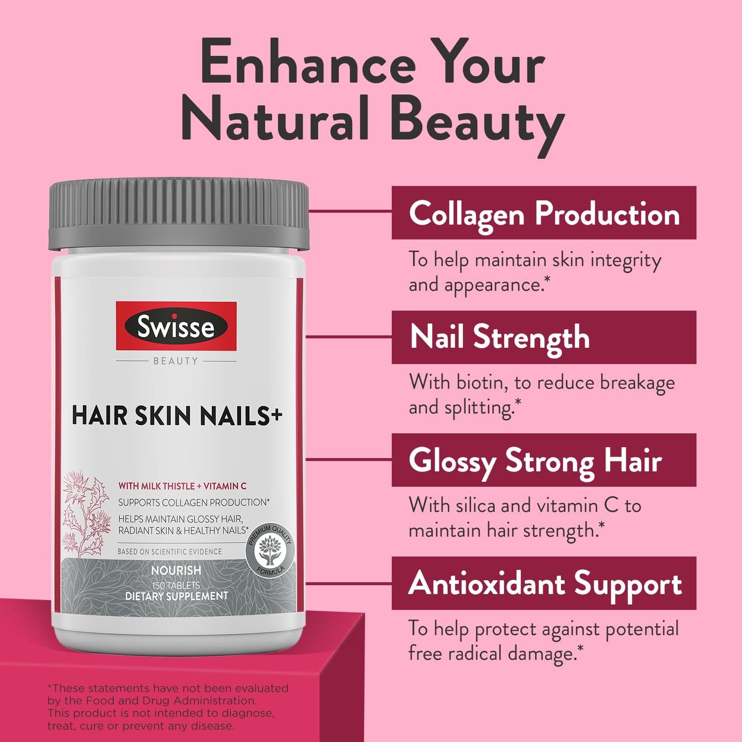 Closeup of Swisse Biotin capsules for easy regular supplementation.