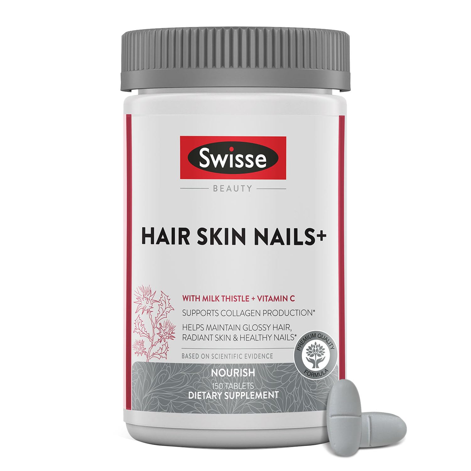 Swisse Biotin bottle with clean label supports daily hair, skin, and nails care.