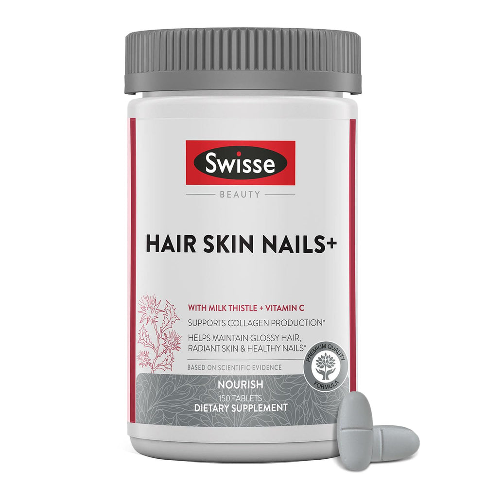 Swisse Biotin bottle with clean label supports daily hair, skin, and nails care.