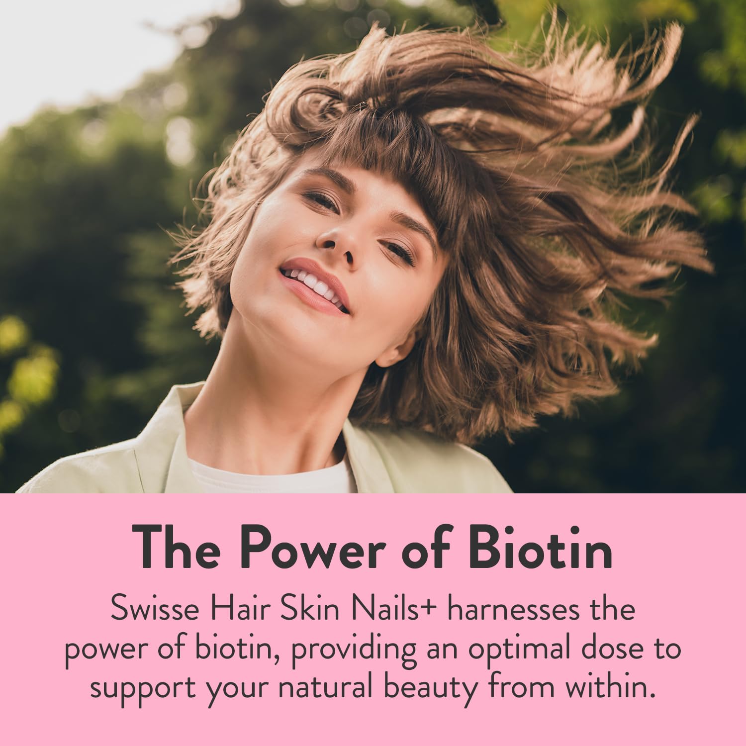 Swisse Biotin hair strands closeup showing natural shine and vitality.