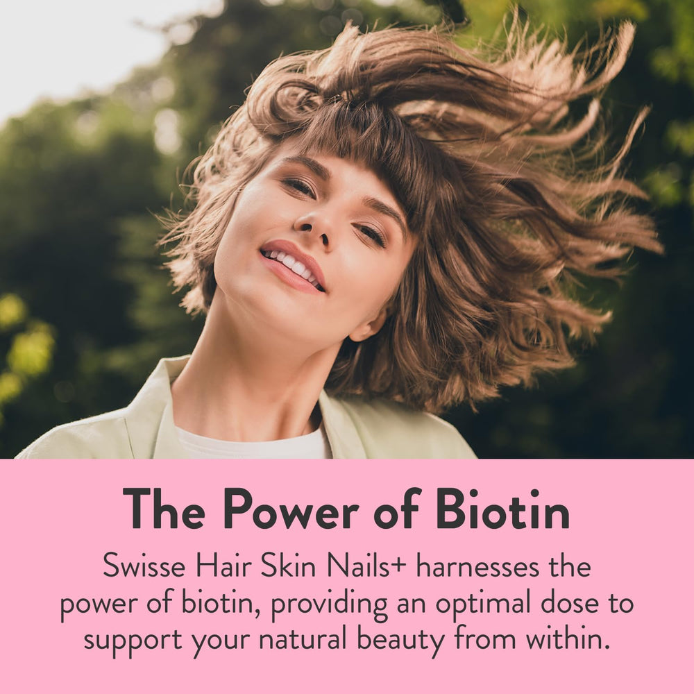 Swisse Biotin hair strands closeup showing natural shine and vitality.