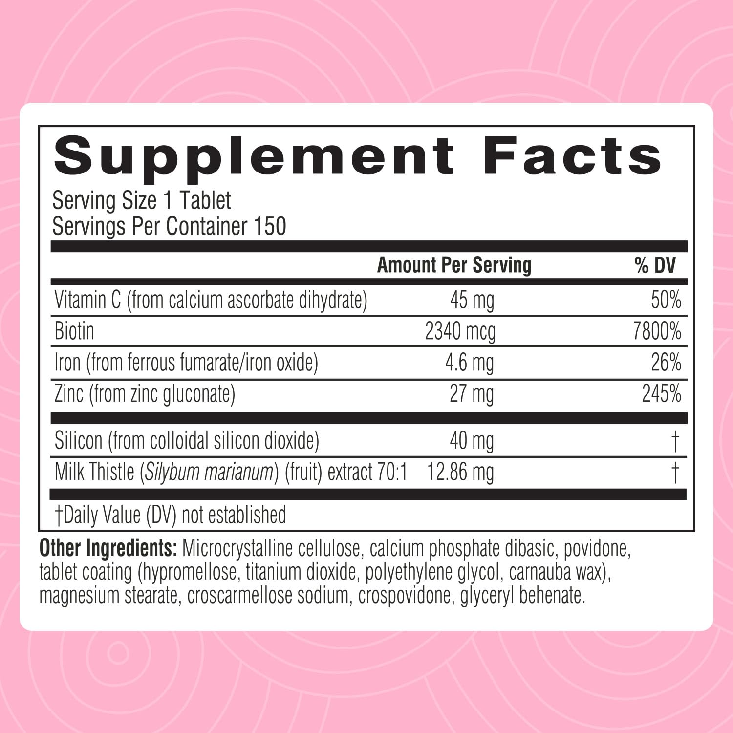 Clean label and no sugar on Swisse Biotin packaging.