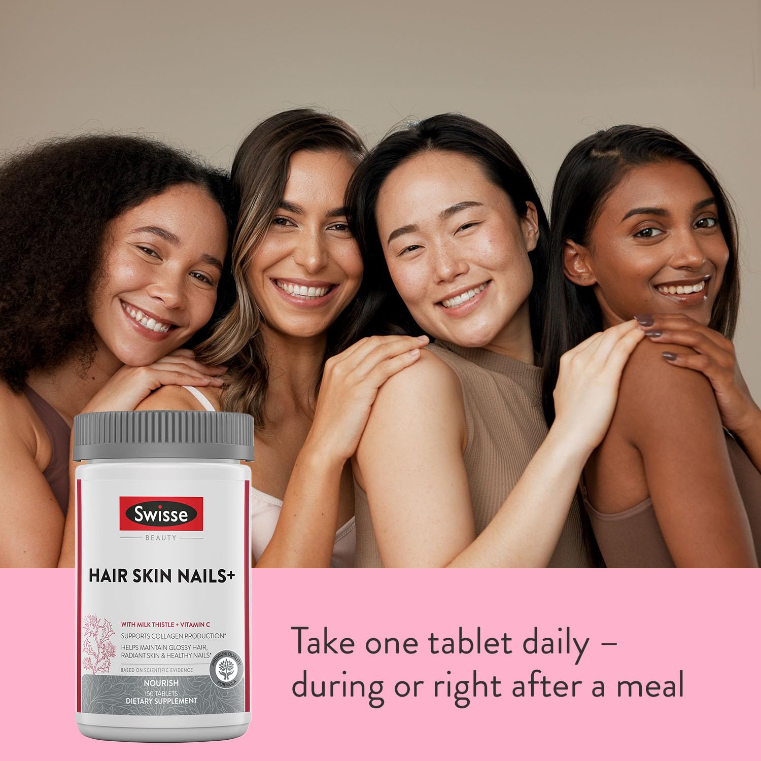 Swisse Biotin packaging hero emphasizing clarity and daily routine.