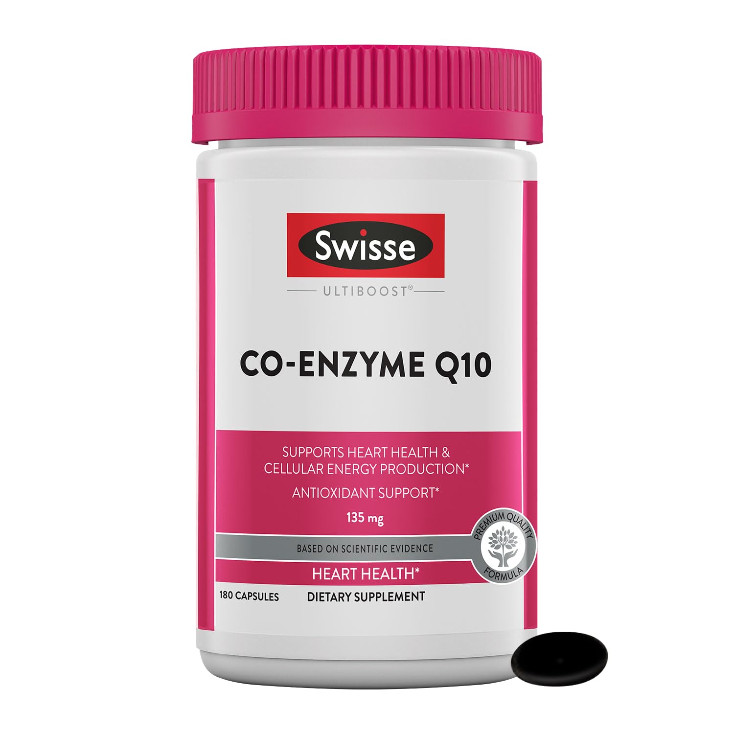 Swisse CoQ10 bottle front supports daily energy and heart-friendly routines.