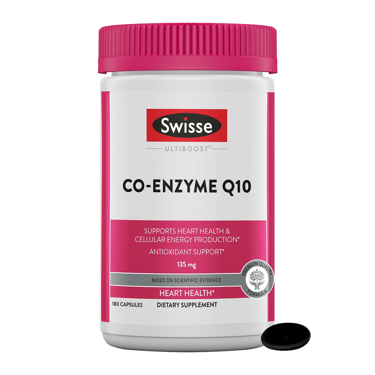 Swisse CoQ10 bottle front supports daily energy and heart-friendly routines.