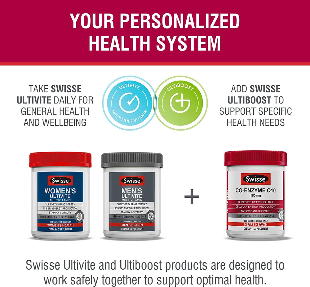 Swisse CoQ10 bottle on shelf conveys trusted daily wellness routine.
