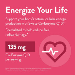 Swisse CoQ10 label detail emphasizes 135 mg per softgel for consistency.