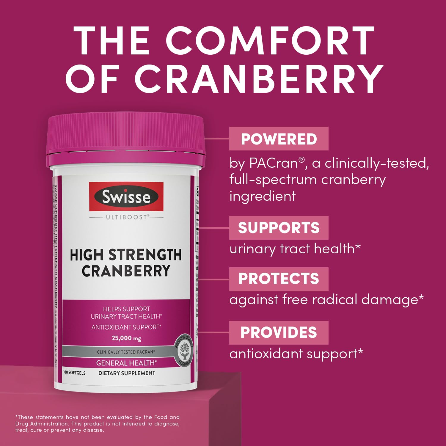 Swisse cranberry extract capsules close-up showing high-potency PACran.