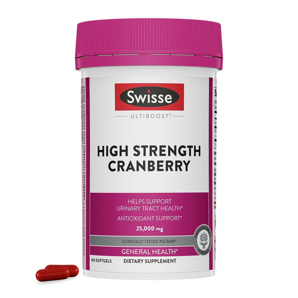 Swisse Cranberry Pills bottle highlighting urinary support.