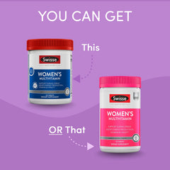 Swisse Daily Multivitamin for Women bottle side label shows ingredients and iron for women's health.