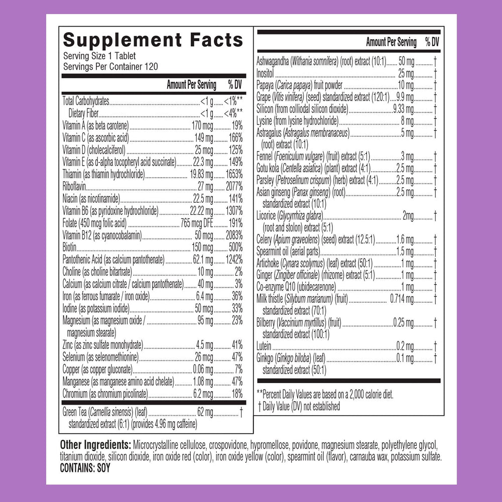 Swisse Daily Multivitamin for Women ingredients scene highlights 47 nutrients and adaptogens.