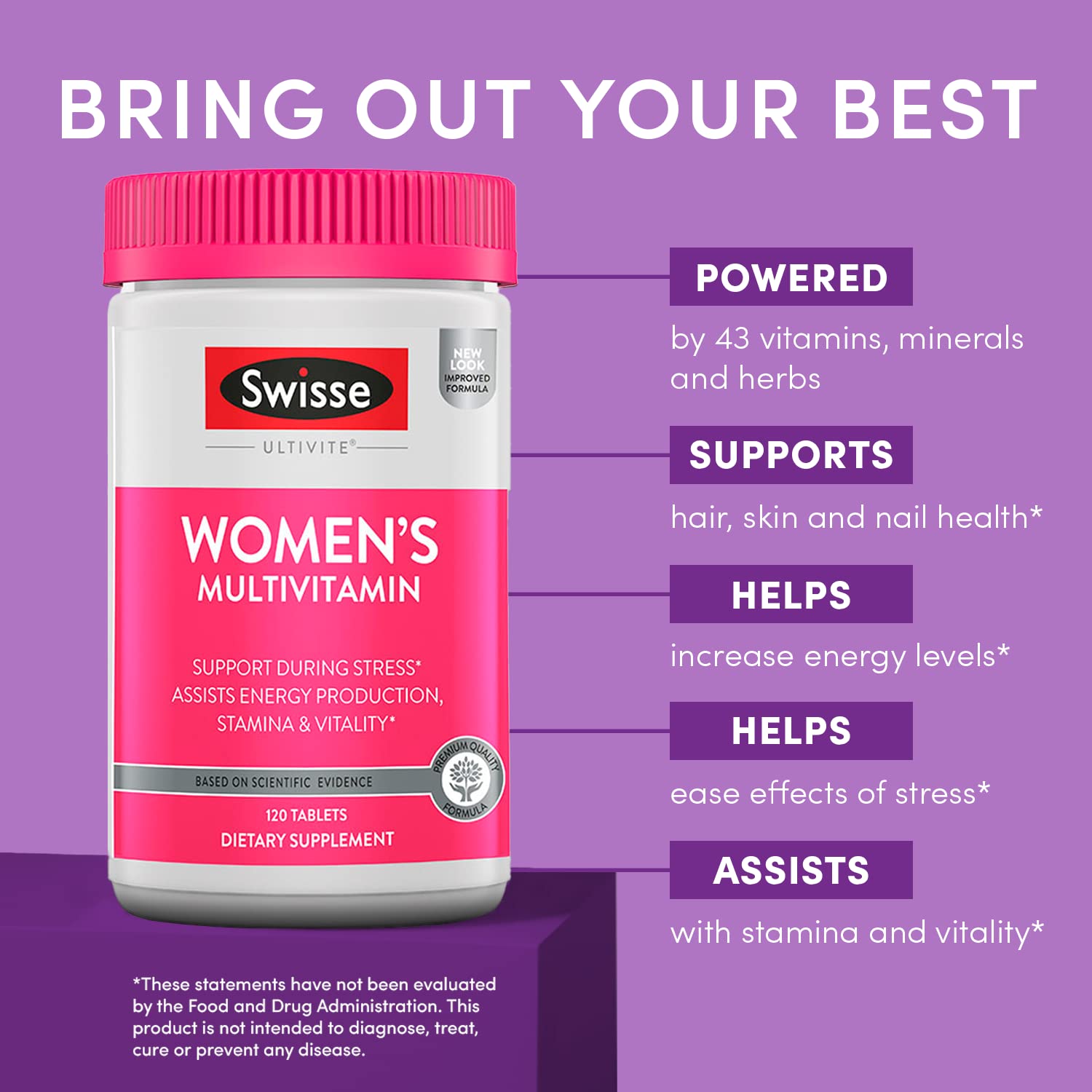 Swisse Daily Multivitamin for Women tablets close-up emphasizes supplement texture and capsule form.