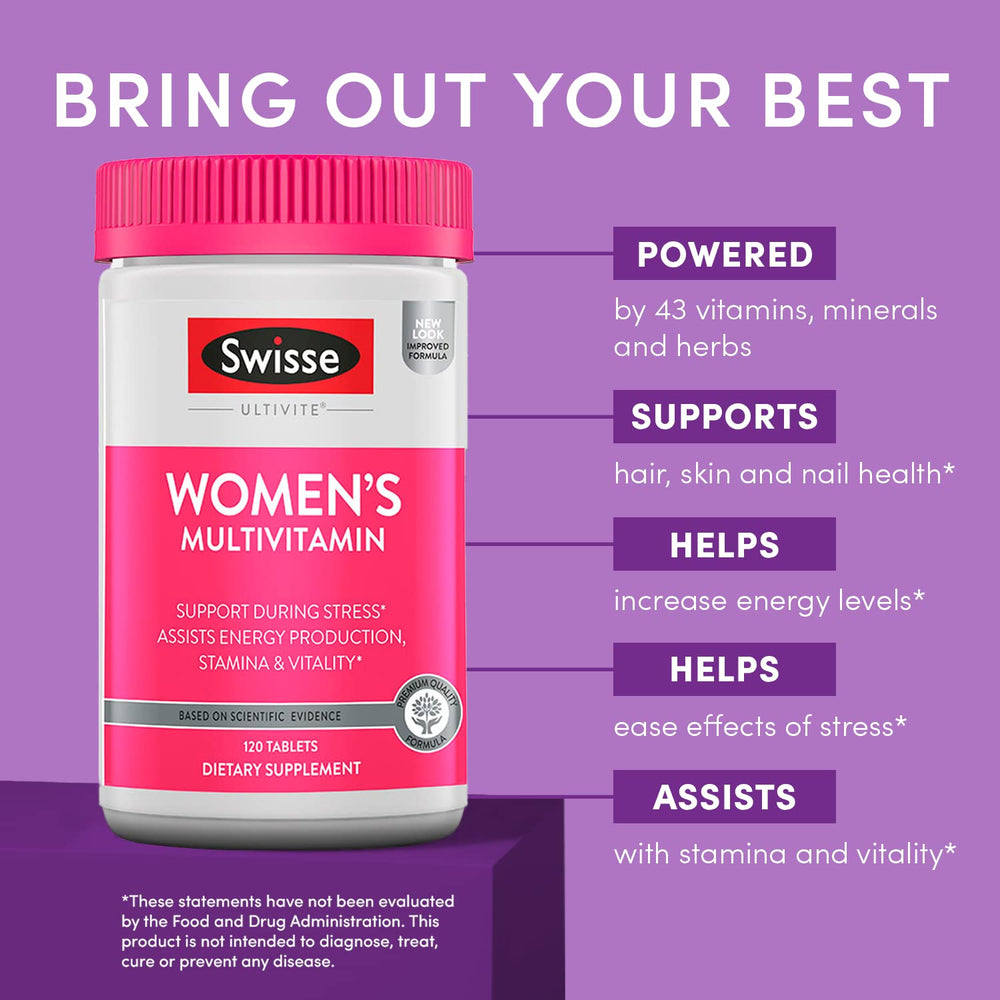 Swisse Daily Multivitamin for Women tablets close-up emphasizes supplement texture and capsule form.