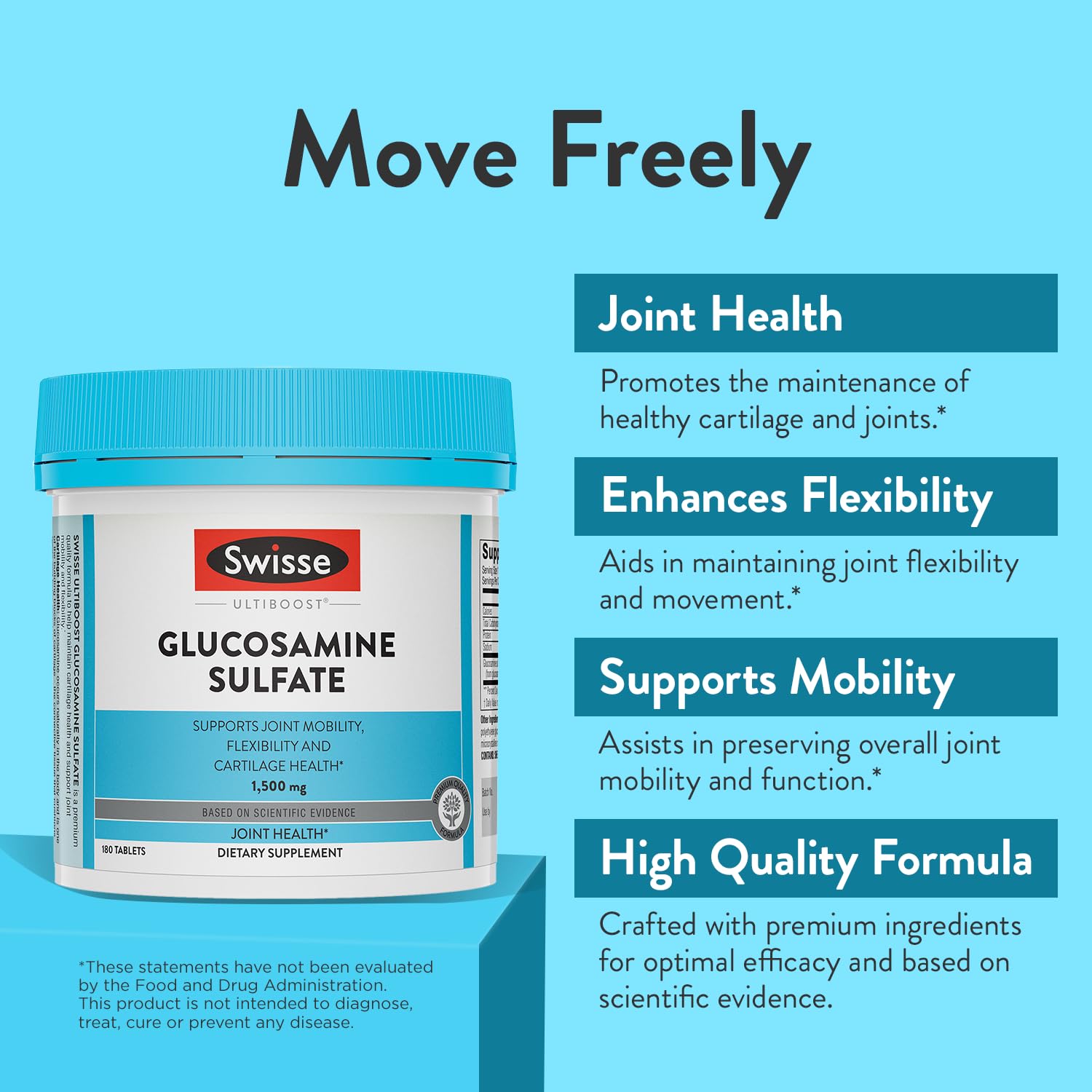 Close-up of Swisse glucosamine tablets for everyday mobility.