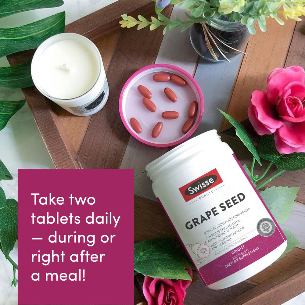 Swisse grape seed extract capsules packaging emphasizing purity and natural ingredients