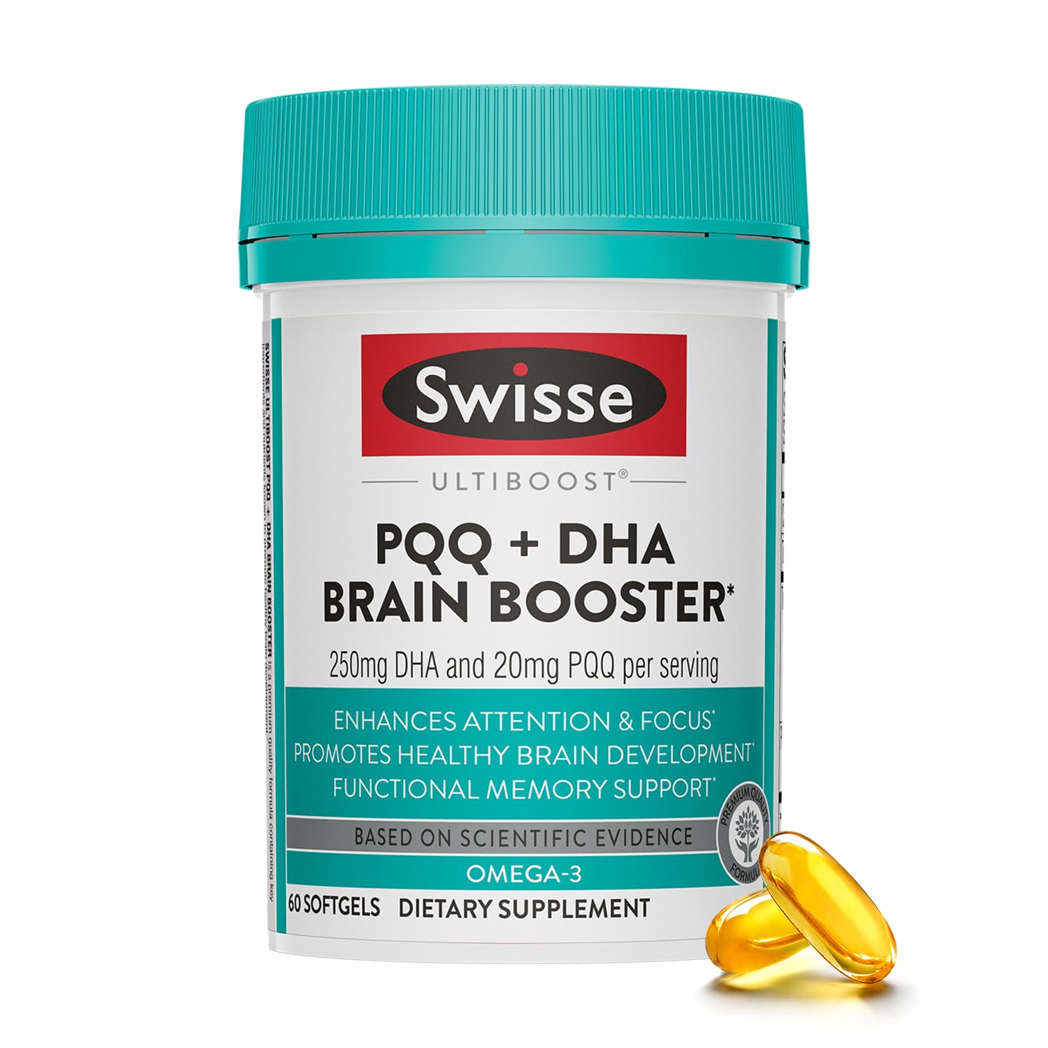 Swisse PQQ DHA Brain Booster bottle shown for daily focus support.