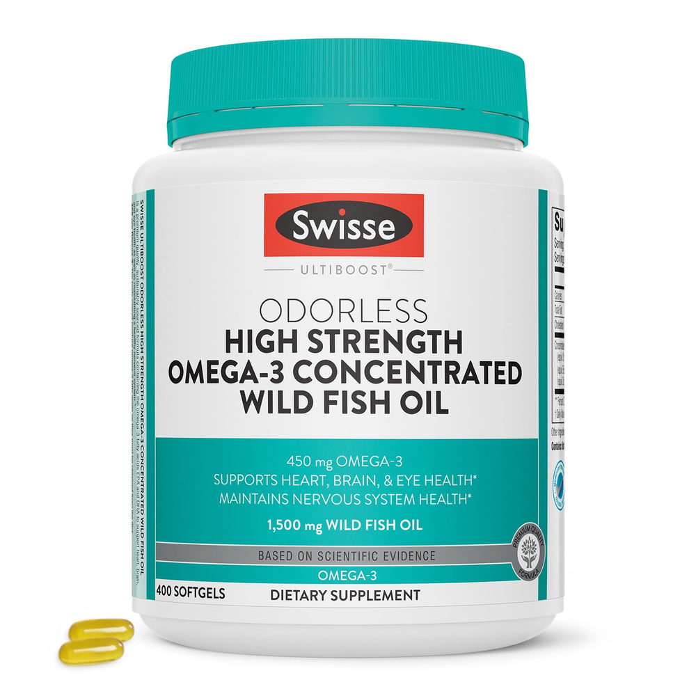 Swisse Wild Fish Oil bottle front showing omega-3 high-strength formula