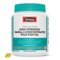 Swisse Wild Fish Oil bottle front showing omega-3 high-strength formula