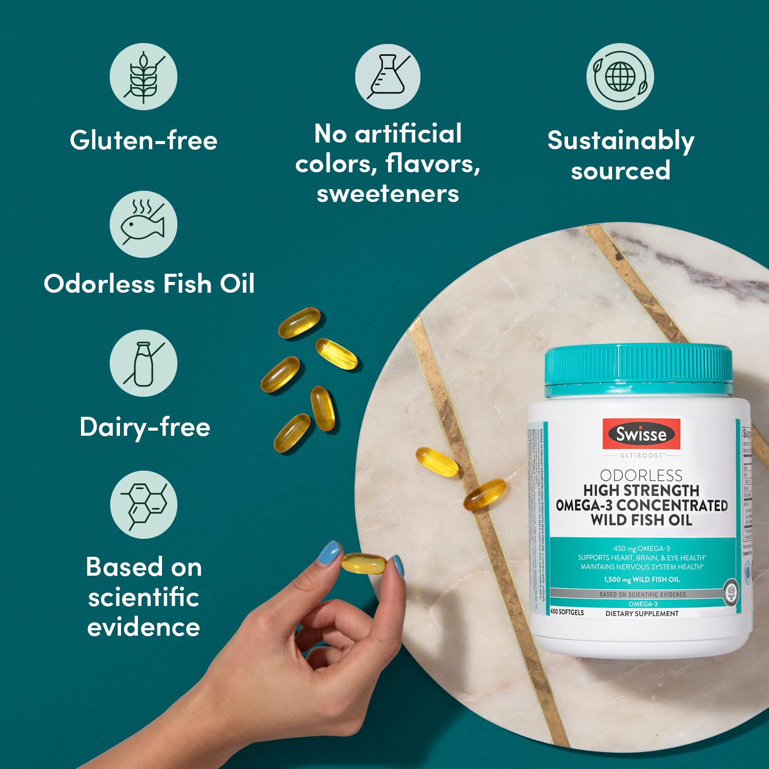 Swisse Wild Fish Oil EPA and DHA label highlighting omega-3 content
