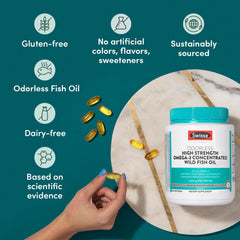 Swisse Wild Fish Oil EPA and DHA label highlighting omega-3 content