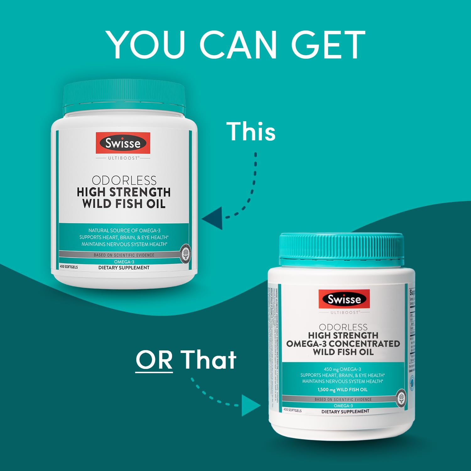 Close-up of Swisse Wild Fish Oil softgels illustrating odorless capsules