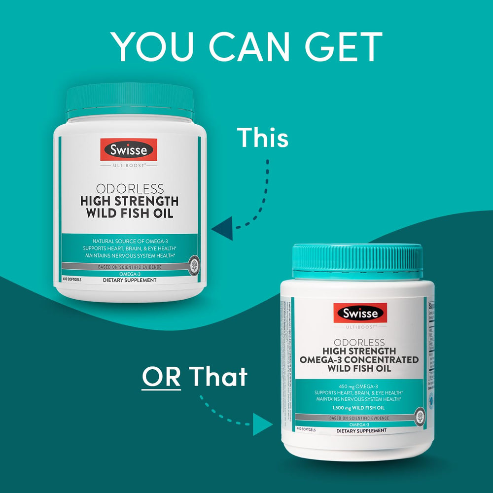 Close-up of Swisse Wild Fish Oil softgels illustrating odorless capsules