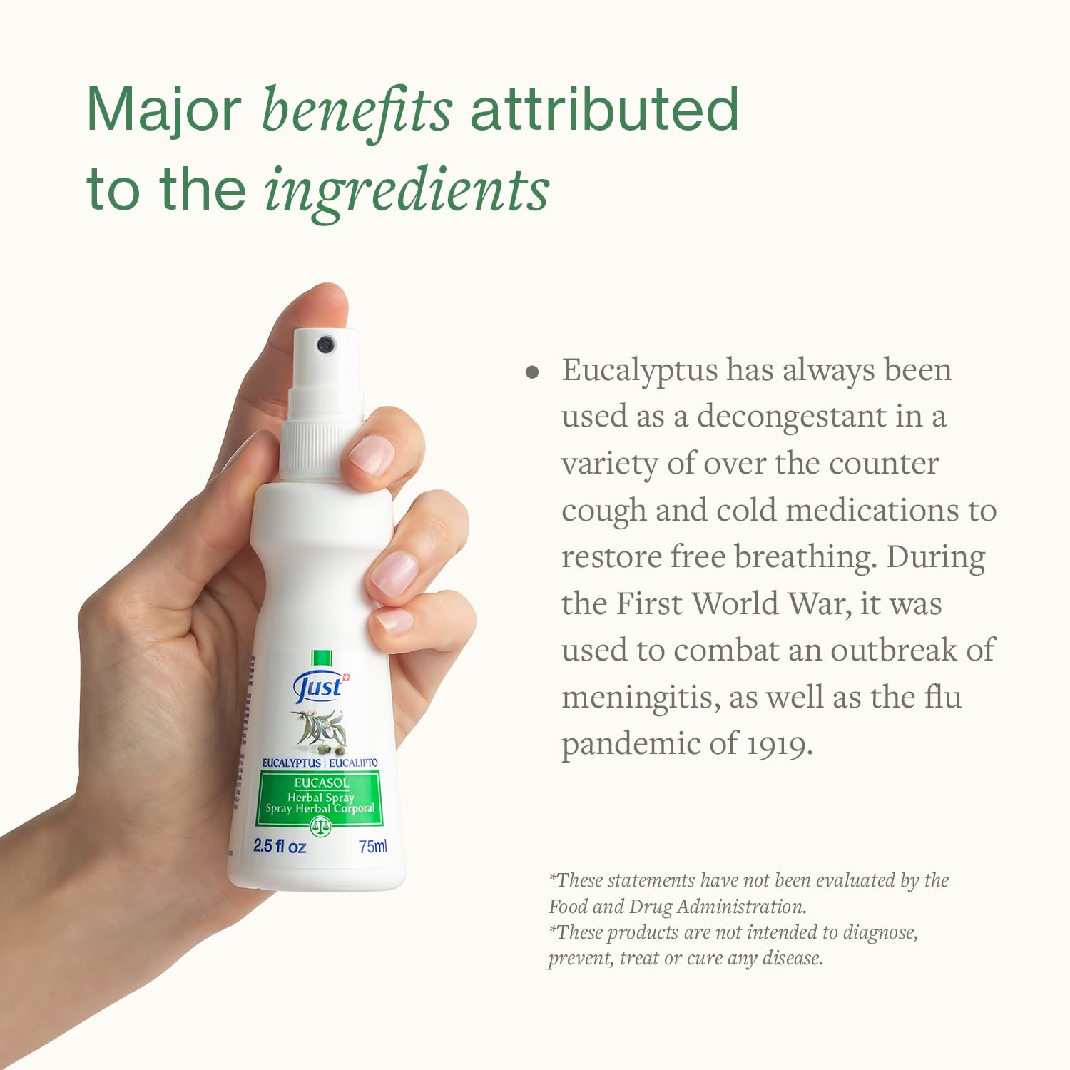 Close-up of the SwissJust Eucasol label highlighting eucalyptus