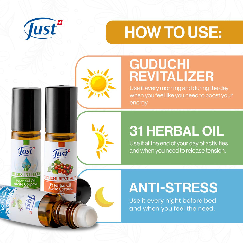 Close-up of Guduchi oil within the SwissJust set, herbal fragrance highlight.