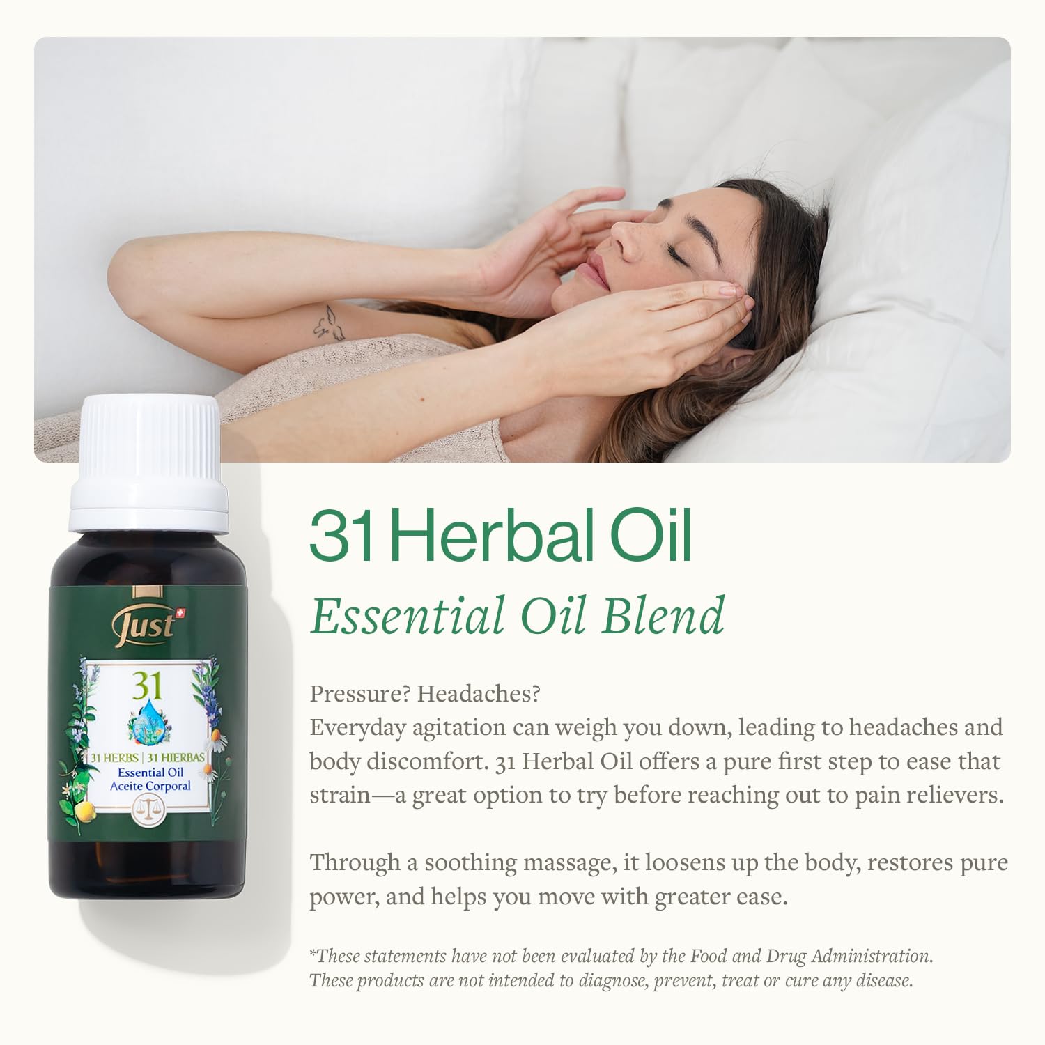 SwissJust Oil 31-20ml bottle being poured for aromatherapy