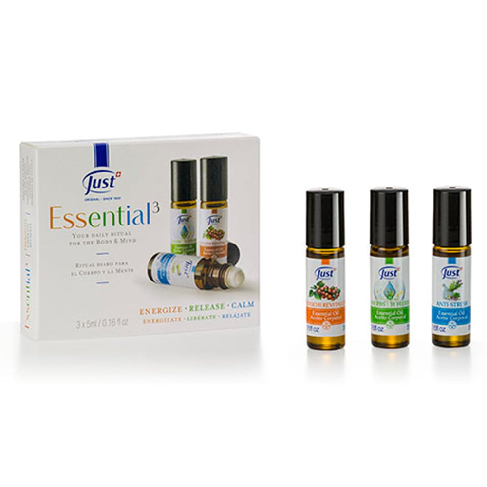 SwissJust Relaxation Trio bottles close-up showing calming blends.