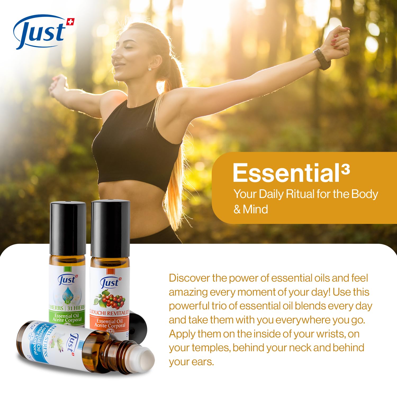 SwissJust Relaxation Trio applied to temples for refreshing focus and calm.