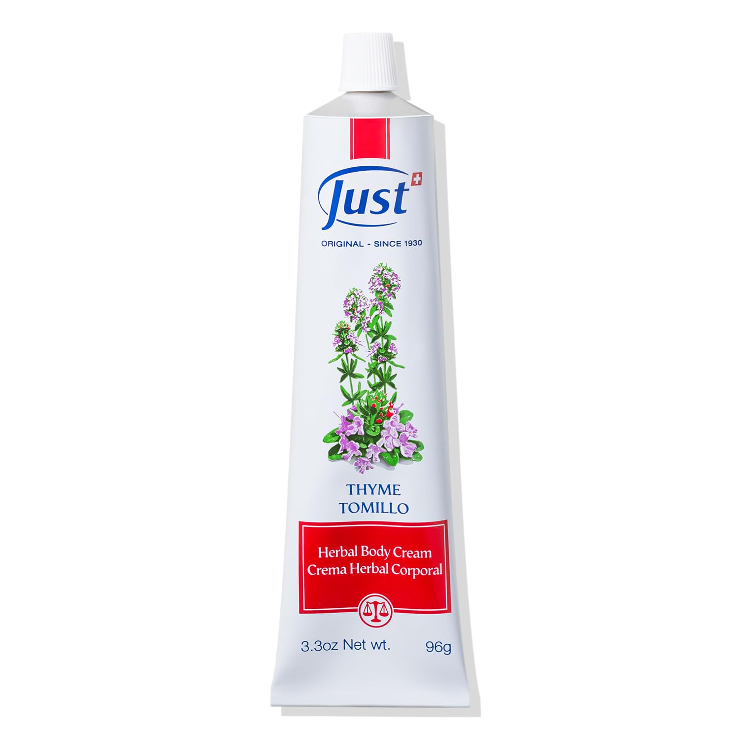 SwissJust Thyme Cream 96g jar for soothing massage and aromatherapy benefits.