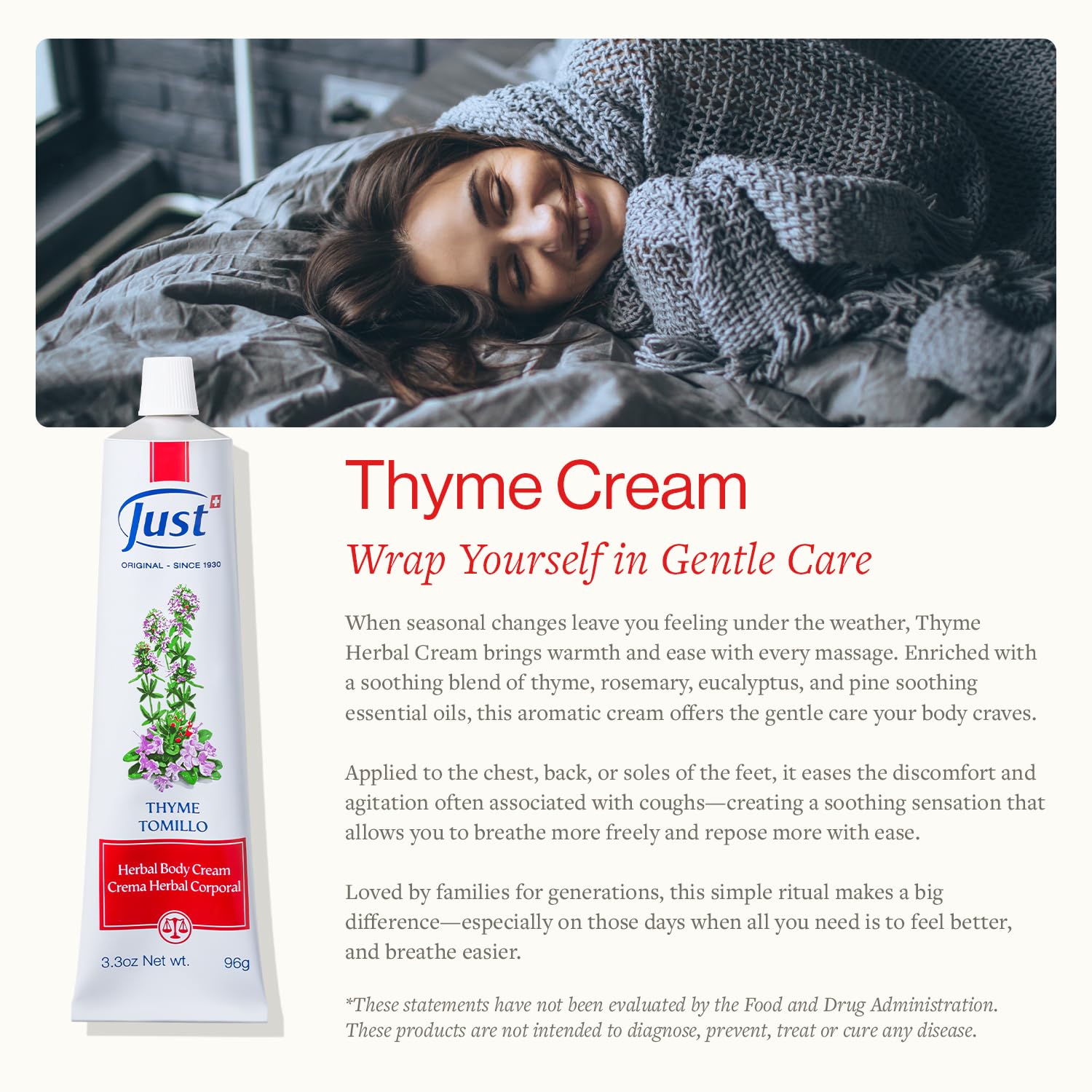 SwissJust Thyme Cream label highlighting herbal oil blend for soothing massage.