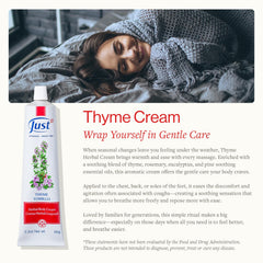 SwissJust Thyme Cream label highlighting herbal oil blend for soothing massage.