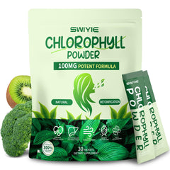 Swiyie chlorophyll powder bottle on the kitchen counter for daily wellness.